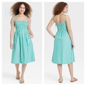 A New Day 2-Tone Green Stripe Smocked Spaghetti Strap Sun Dress Plus Size 2X NEW